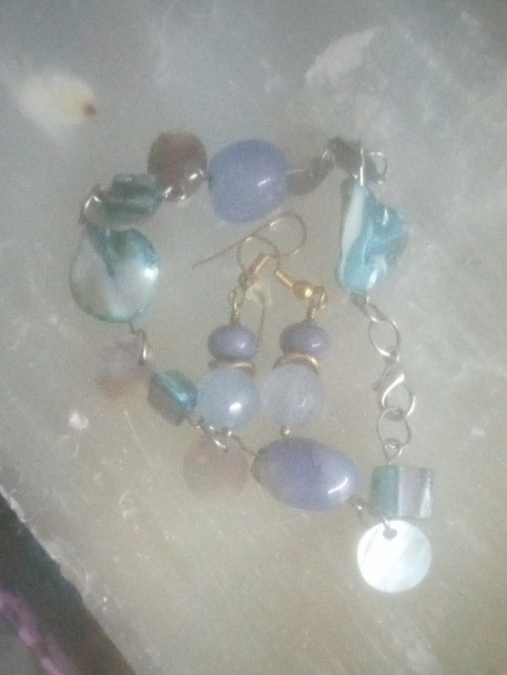 Blue Chalcedony Bead Bracelet and Earrings Set - Women Jewelry (Silver And Gold